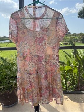 Lily Rose Sheer Floral Tiered Midi Dress in Pink and Cream